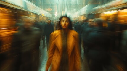 Woman in rush hour, city street, shocked expression, blurred background