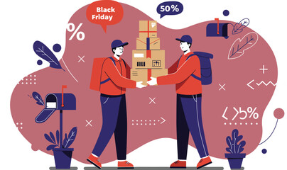 Obraz premium Online package delivery service with two couriers exchanging cardboard boxes in digital marketplace environment 