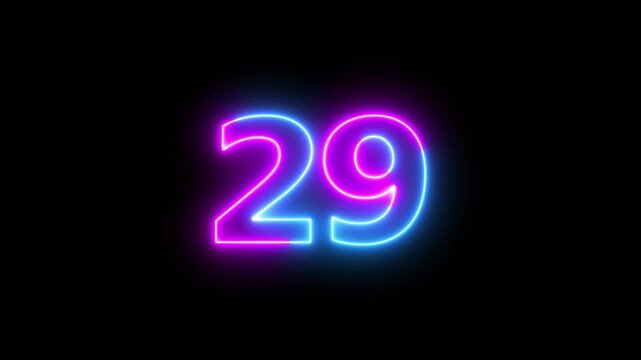 Neon text 29 number countdown icon background 4k animation.