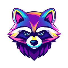 Neon Rainbow Raccoon Head: Vibrant Mascot Design, Perfect for Gaming, Apparel, and Branding.  A striking illustration featuring a stylized raccoon face in bold, bright neon colors.