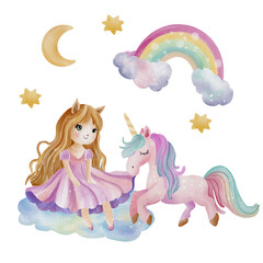 Cute watercolor set with unicorns, cats, fairies, rainbows, moon, and stars in soft pastel colors for magical and dreamy designs