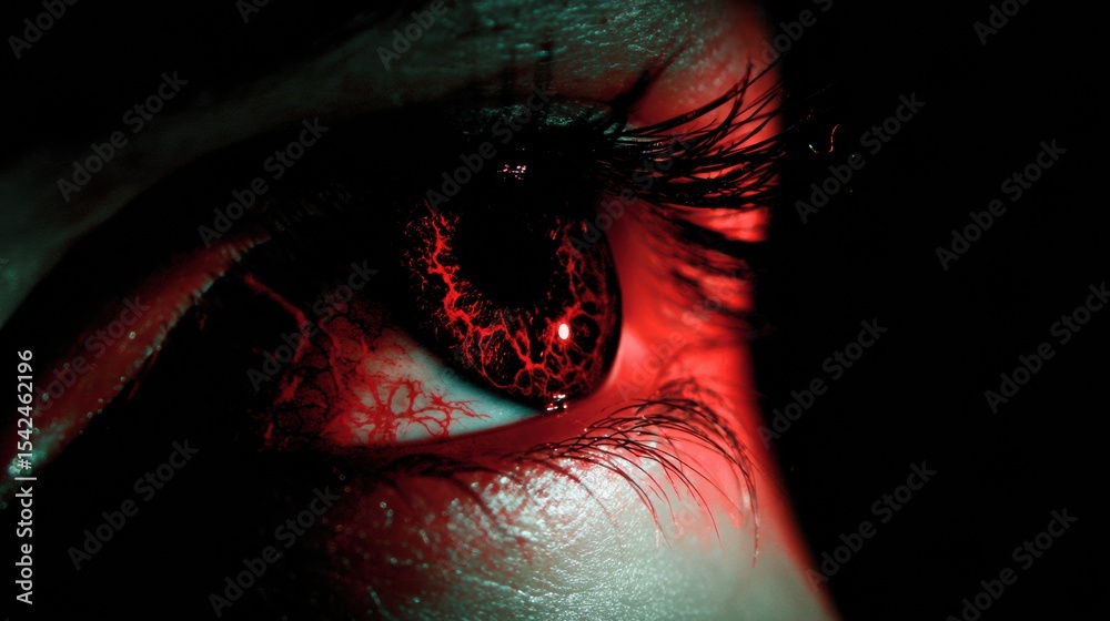 Poster intricate details of an eye with visible red veins set against a dark background highlighting contra