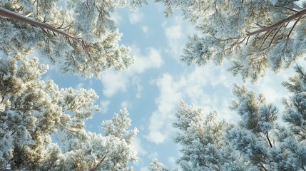 A view looking up through snow covered trees towards a light blue sky with fluffy white clouds above them