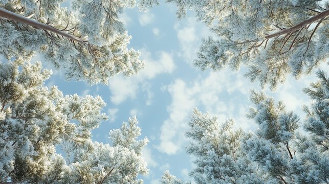 A view looking up through snow covered trees towards a light blue sky with fluffy white clouds above them