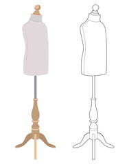 Set of two children's tailor dress forms: black line art, and realistic vector style. Child mannequins for sewing and fashion design, isolated on white background.