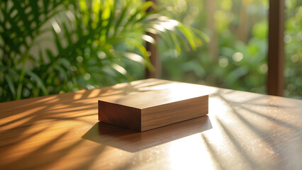 Sun-Kissed Wooden Display Box on Table with Lush Greenery Backdrop
