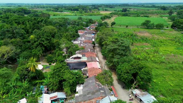 Aerial Image of Countryside Life in Southern Colombia cauca river. High quality 4k footage