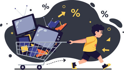 Child pulling shopping cart full of electronics and percentage symbols illustrating consumer behavior and spending trends 