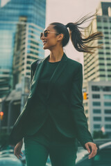 Confident Asian woman in a stylish green suit and sunglasses walks energetically through a vibrant urban cityscape, with tall buildings in the background. Image made using Generative AI.
