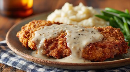 Chicken Fried Steak with Pepper Gravy, Mashed Potatoes, and Green Beans – Farmhouse Style