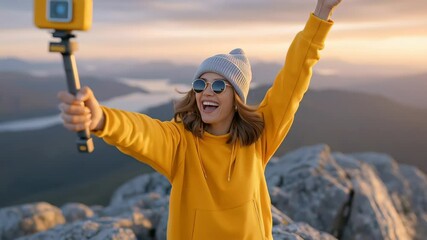Woman celebrating at mountaintop during sunrise, looking at camera with excitement. Vibrant orange sky reflects adventure spirit. Concept of travel, outdoor activities, adventure tourism