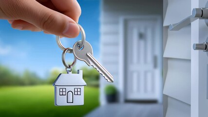 Hand holds keys with house keychain symbolizing new home ownership. Modern home entrance with lush greenery creates welcoming atmosphere. Concept of real estate, homeownership, property management - Powered by Adobe