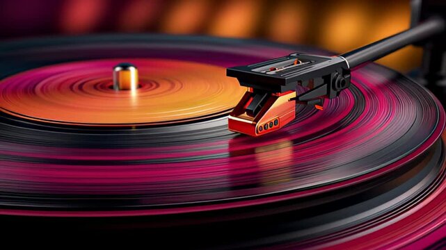 Brightly colored vinyl record spins on turntable with stylus placed on surface. Warm glowing lights create inviting ambiance. Concept of music appreciation, vintage culture, entertainment