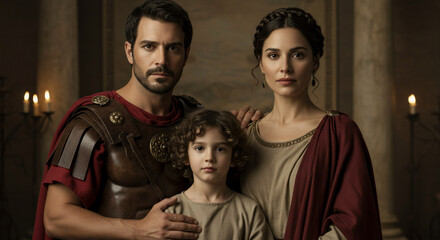 Family Portrait: A captivating portrait of a Roman family, the father in armor, the mother in a classical gown, and their child. The scene evokes a sense of history and familial strength.