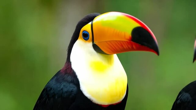 Close-up image featuring a pair of vibrant toucans displaying their colourful beaks and feathers against blurred green background.