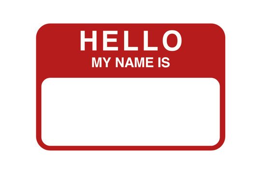 Hello my name is sticker tag. Sticker name tag isolated on transparent background. Maroon theme. 