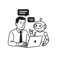 Human And Robot Working Together On Laptop For Seamless Communication.
