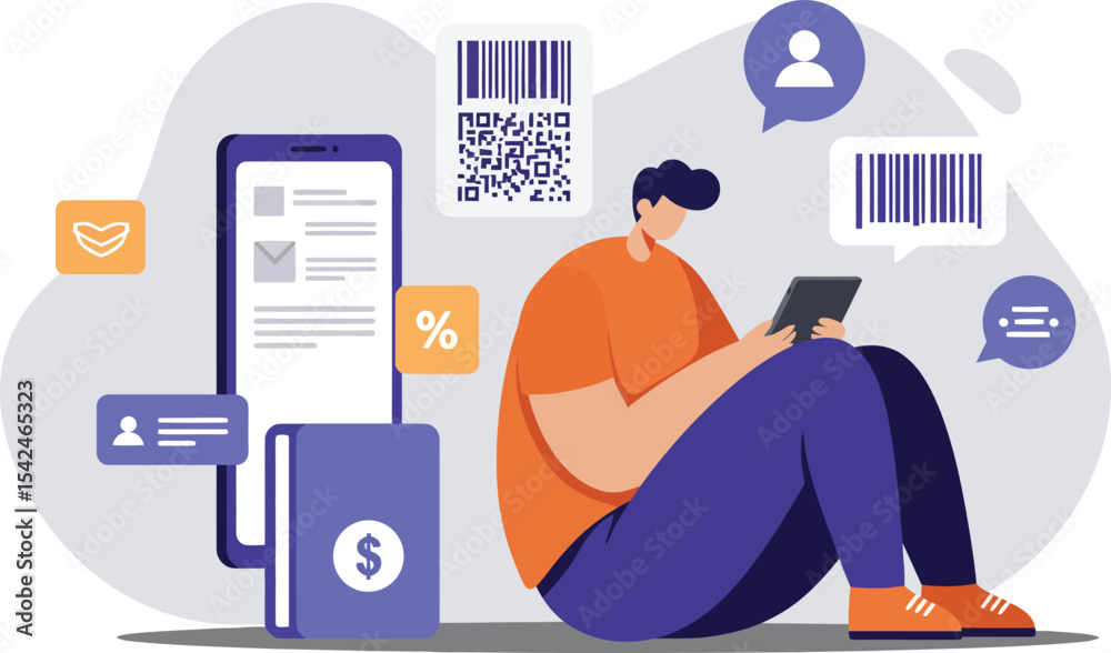 Poster young man using tablet for digital transactions with qr codes and mobile payment concepts in modern 