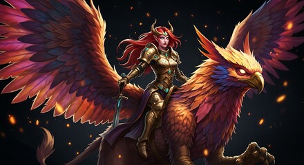 Fiery phoenix armored warrior with wings