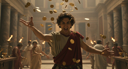 Golden Shower of Success: A jubilant man in ancient Roman attire revels in a shower of gold coins, celebrating wealth and prosperity amidst a grand, atmospheric setting.