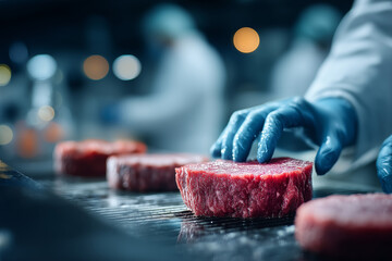 scientist in lab coat developing lab-grown meat sample, future food innovation scene
