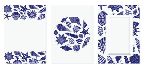 Seashell and starfish frames for summer cards, invitations, branding, packaging, posters, and design templates. Simple navy marine borders and round compositions for coastal themes.