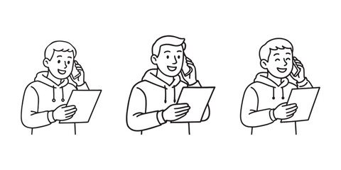 Smiling Man In Hoodie Having A Phone Call While Reading.