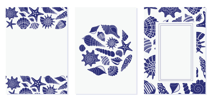 Seashell and starfish frames for summer cards, invitations, branding, packaging, posters, and design templates. Simple navy marine borders and round compositions for coastal themes.