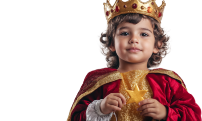 Child dressed as king holding stars traditional celebration isolated on transparent background.