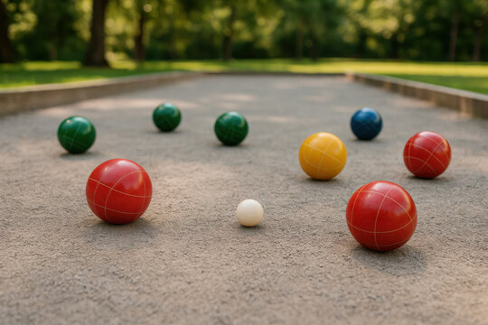 Bocce Balls: Vibrant bocce balls scattered on a textured court, capturing the essence of leisure, strategy, and friendly competition.