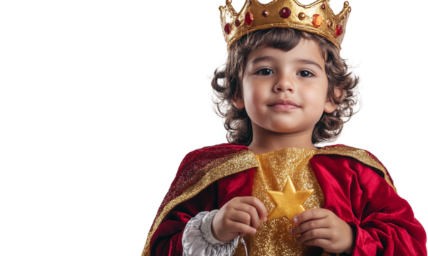 Child dressed as king holding stars traditional celebration isolated on transparent background.
