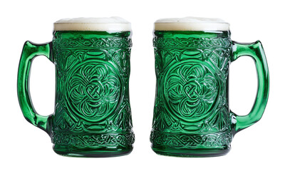 Decorative green beer mugs with celtic patterns and designs isolated on transparent background.