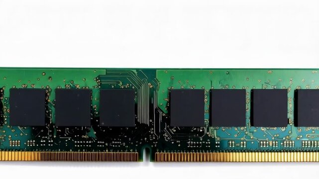 Isolated computer RAM module featuring a green circuit board, black chips, and gold pins on a white background.