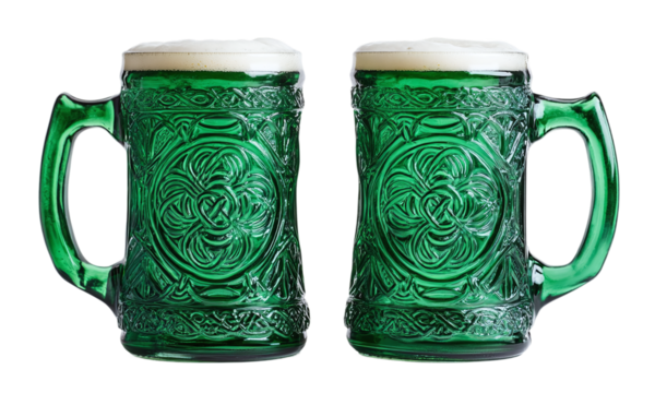 Decorative green beer mugs with celtic patterns and designs isolated on transparent background. - Powered by Adobe