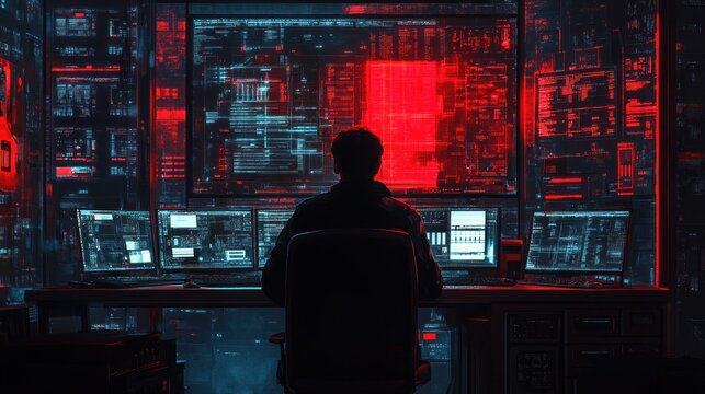 Cybersecurity expert in a dark room, surrounded by monitors displaying data and code