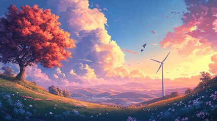 Serene sunrise landscape with colorful trees and hills