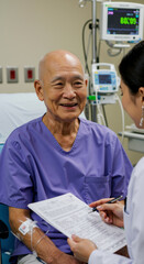Obraz premium Doctor and smiling senior Asian male cancer patient during checkup. Oncologist discussing treatment with elderly bald man. Old patient and nurse caregiver. Cancer Survivors day. Receiving good news.