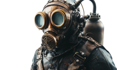 Steampunk diver suit in vintage design with helmet and oxygen tank underwater isolated on transparent background.