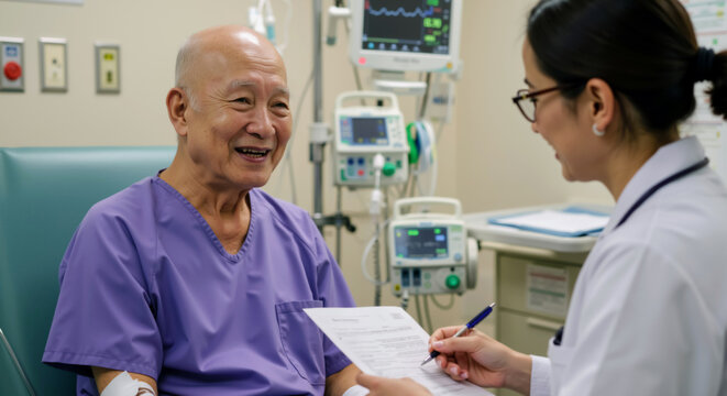 Doctor and smiling senior asian male cancer patient discuss chart. Oncologist discussing treatment with elderly bald man. Patient and nurse caregiver. World Cancer day. Receiving good news. - Powered by Adobe