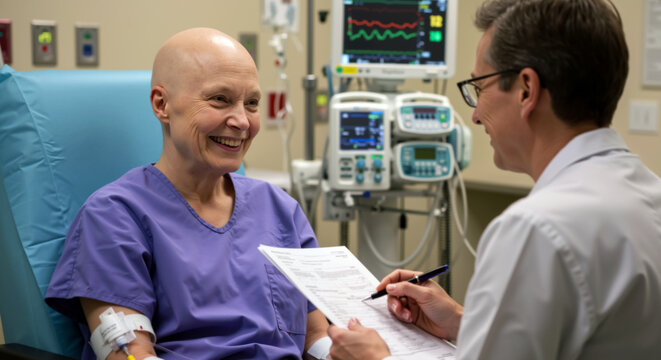 Doctor and middle aged female cancer patient at medical examination. Oncologist discussing treatment with elderly Caucasian bald woman. Patient and nurse caregiver. Cancer survivor receiving good news