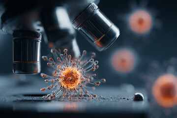 microscope lens focused on artificial food particle, bioengineered nutrition symbol