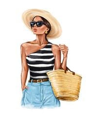 Hand drawn beautiful fashion woman in sunglasses. Stylish girl summer outfit. Pretty woman in hat. Fashion illustration 