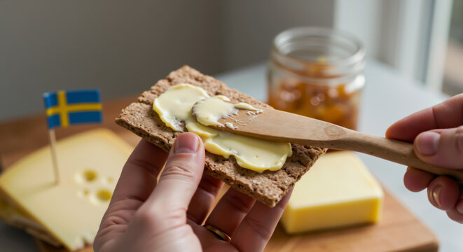 Preparing Swedish crispbread with butter. Close up of hands spreading butter with wooden knife spreader for traditional Scandinavian snack with cheese and jam. Sweden flag decoration.