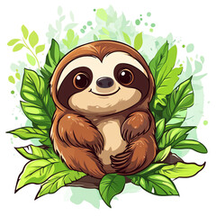 Obraz premium Adorable Cartoon Sloth in Lush Green Tropical Foliage: Perfect for Kids' Products, Nature-themed Designs, and Social Media Content
