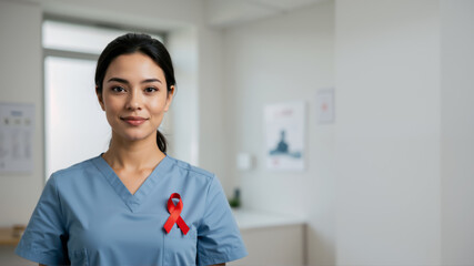 Female nurse wearing red AIDS awareness ribbon in medical office. Young doctor in blue scrubs showing support and solidarity for HIV AIDS Victims AIDS. Awareness Day banner with copy space for text