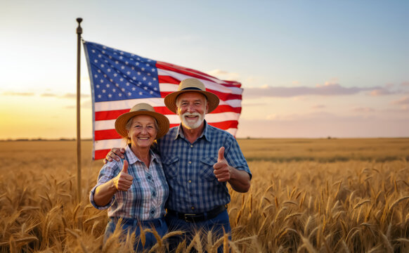 Happy senior farmer couple giving thumbs up in wheat field with American flag at sunset. Elderly man and woman celebrating success in agriculture and USA patriotism. Independence Day. USA Flag day. - Powered by Adobe