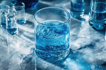Sparkling blue water with bubbles in a glass, set on a textured, reflective surface with other glass vessels.