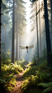 Delicate dragonfly soars through sunlit pine forest with mossy path, creating a serene and enchanting natural scene with soft light.