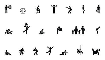 Set of stickmen in various poses and activities. Simple flat vector people doing different tasks and actions. Minimalist characters for versatile design and animation.