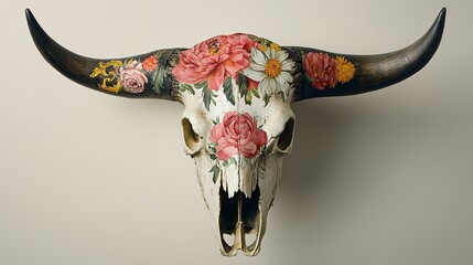 A decorative bull skull with floral designs painted on it against a plain light background wall art piece